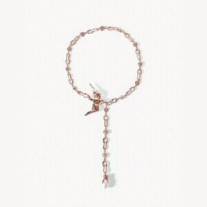 Rose Gold Bird Charm Lariat Necklace with Pearl Drop